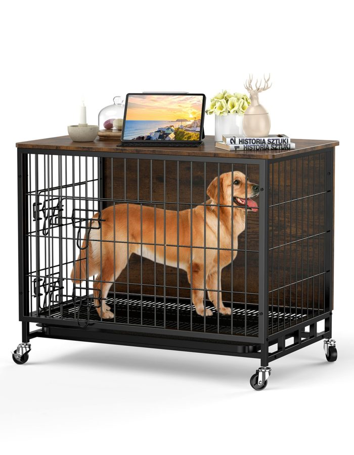 Accreate 32.5″ Dog Crate Furniture with Removable Tray and Wheels, Heavy-Duty Double-Doors Dog Cage, Brown